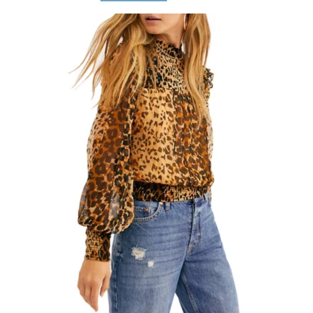 New Free People Brown Animal Print Long sleeve crew neck top
